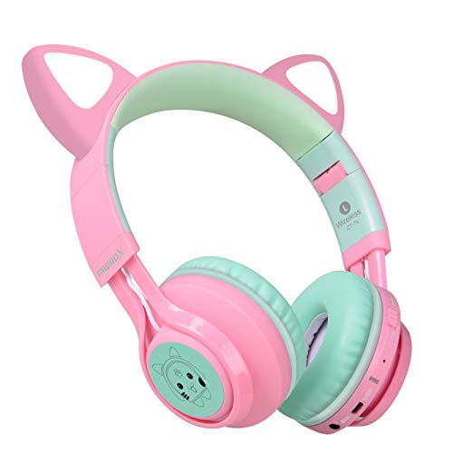 Bluetooth Headphones, Riwbox CT-7 Cat Ear LED Light Up Wireless Foldable Headphones Over Ear with Microphone and Volume Control for iPhone/iPad/Smartphones/Laptop/PC/TV (Pink&Green)