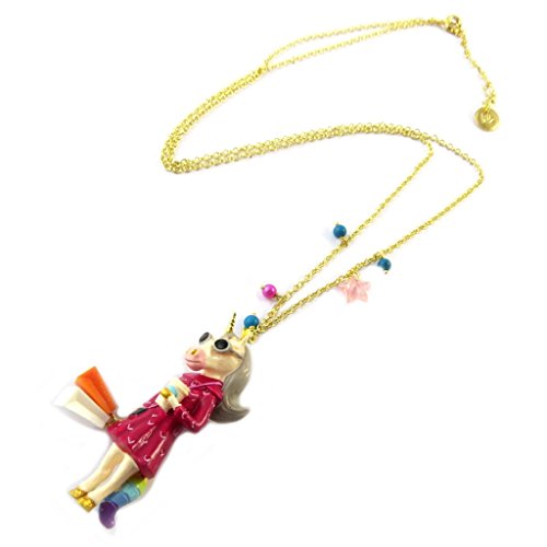 Necklace / sautoir artisanal 'Monde Merveilleux'(unicorn)pink multicolor gilded.