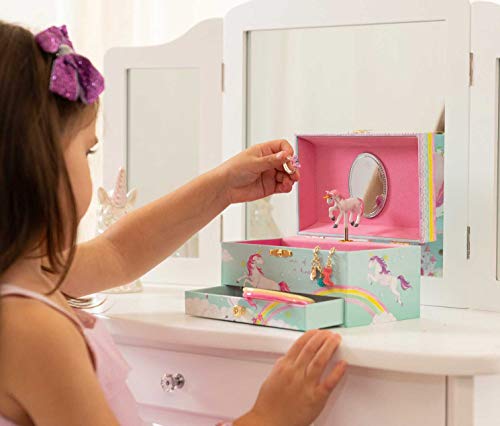 Musical Jewellery Storage Box with Pull-out Drawer, Rainbow Unicorn Design- Girls