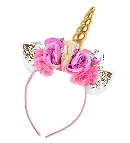 Merroyal Floral Crown Unicorn Headband Flower Headband Unicorn Birthday Party Photo Props (Pink and Gold)