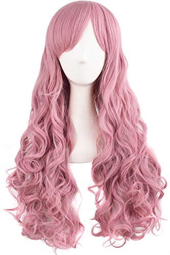 MapofBeauty Lolita Long Curly Clip on Ponytails Cosplay Wig (Rouge Pink)