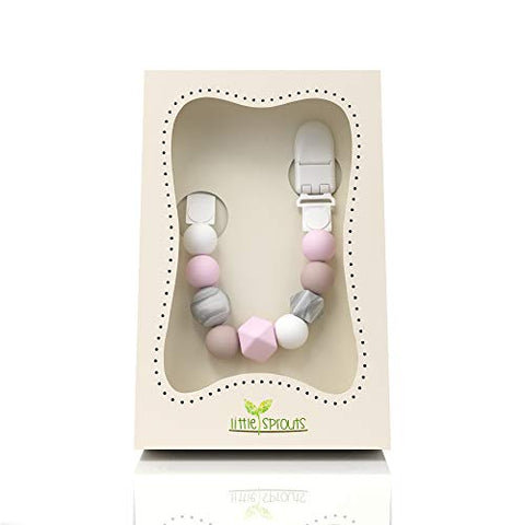 Dummy Chain & Teether  - 2 in 1 - Pink, White, Grey - Ideal Baby Gift  