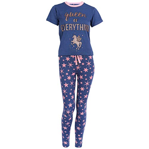 Navy Blue Top & Bottoms Pyjama Set for Ladies Shimmer Unicorn Design - L