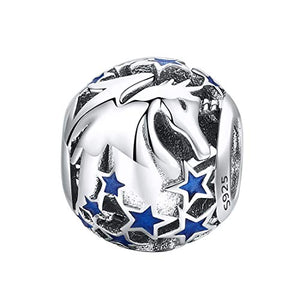 Unicorn Star Bead Charm Fits Pandora Bracelet | 925 Sterling Silver & Blue Enamel