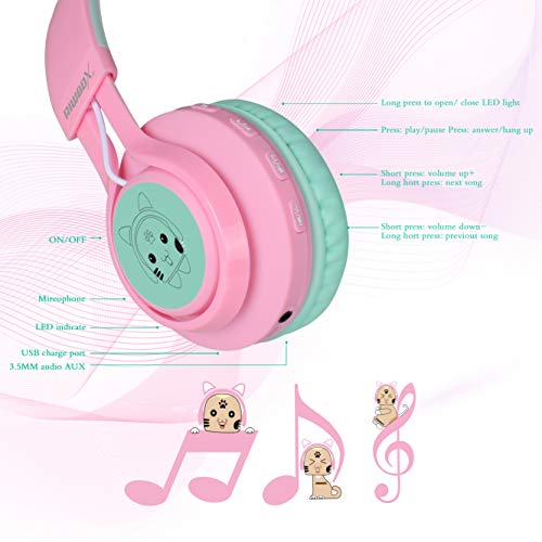 Bluetooth Headphones, Riwbox CT-7 Cat Ear LED Light Up Wireless Foldable Headphones Over Ear with Microphone and Volume Control for iPhone/iPad/Smartphones/Laptop/PC/TV (Pink&Green)