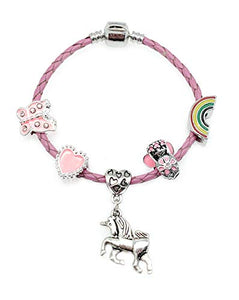 Children's Pink Leather Unicorn, Rainbow Charm Bracelet with Gift Box Girls Jewellery