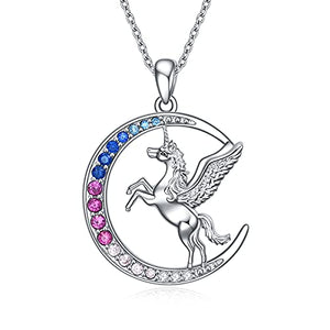 Moon Unicorn Necklace | Pendant | With Coloured Crystals | 925 Sterling Silver 