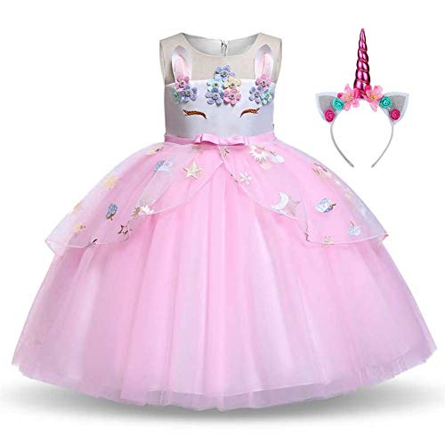 Girls Floral Unicorn Party Dress | Princess Dressing up Costume with Headband