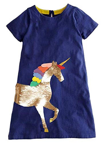 Unicorn Short Sleeve Casual Dress | Sequins | Navy