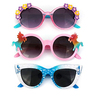 3 Pieces Kids Sunglasses | Unicorn, Snowflake, Flower Design | Ages 3 - 10