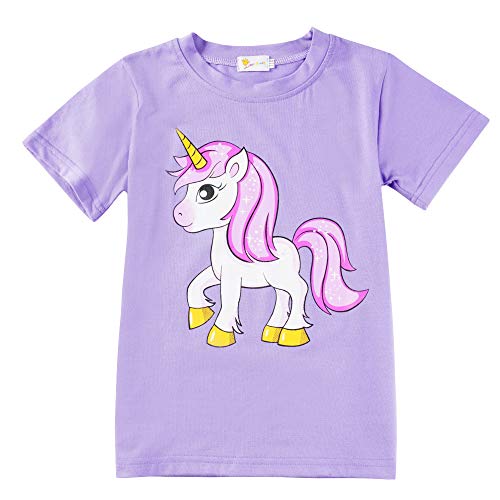 Little Hand Girls Pyjamas Set Unicorn Print Girls Pjs Short Sleeve Cotton Sleepwear Tops Shirts & Pants for Age 1-7 Years (5# Unicorn/Purple, 1-2 Years)