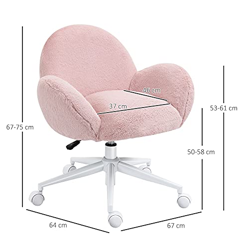 HOMCOM Fluffy Leisure Chair Office Chair with High Back and Armrest for Home Bedroom Living Room with Wheels, Pink