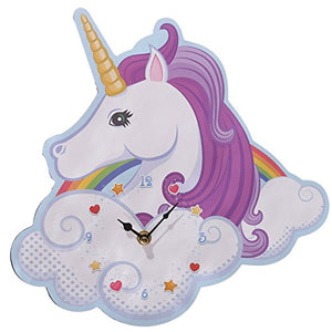Unicorn wall clock, nursery, child's bedroom, playroom. Purple hair, rainbow, cloud design. 