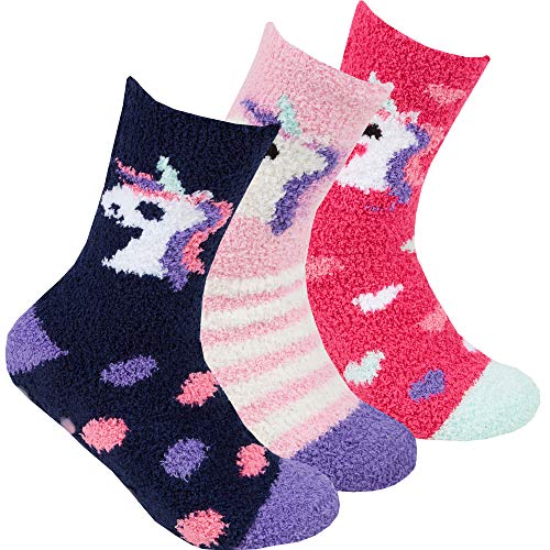 Metzuyan Ladies Bed Socks | Cosy Fluffy Grippers | Pink | Unicorn | 3 Pairs