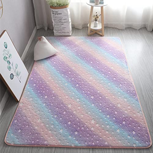 Luminous Area Rug Glow in The Dark Large Soft Rug for Bedroom Living Room Washable Carpet Home Decor Rainbow Stars 120x60cm