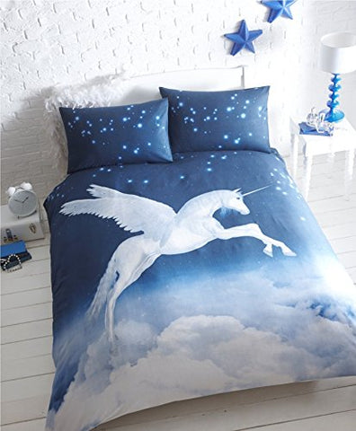Unicorn Single Duvet Cover and 1 Pillowcase Bed Set, Polycotton, Blue