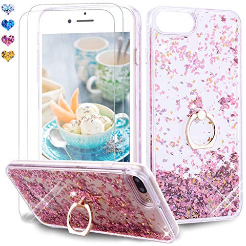 Feyten iPhone 8 Plus/iPhone 7 Plus Case with Tempered Glass Screen Protector [2 pack], Sparkly Glitter Bling Flowing Liquid Floating Case Cover with Kickstand for iPhone 8/7 Plus 5.5" (Rose Gold)