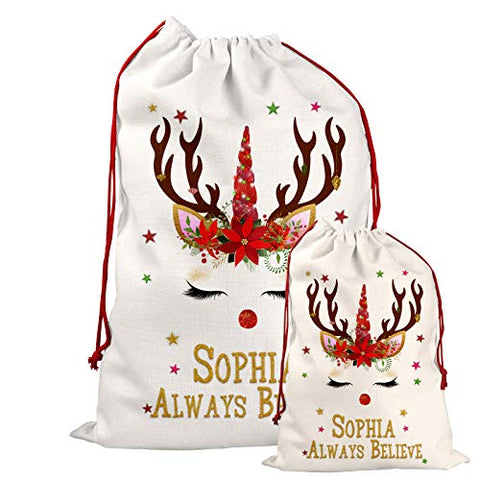 Personalised Christmas Santa Sack Bag | Unicorn Reindeer | For Toys & Gifts 