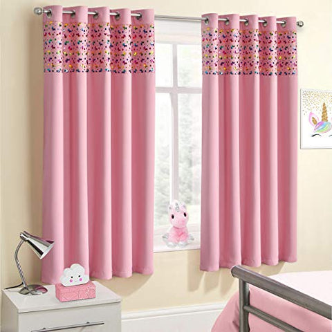 Velosso Blackout Blush Pink Unicorn Multi Coloured Foil Printed Super Soft Thermal Insulated Blackout Ring Top Eyelet Pair of Bedroom Curtains (66" Wide x 54" Drop)