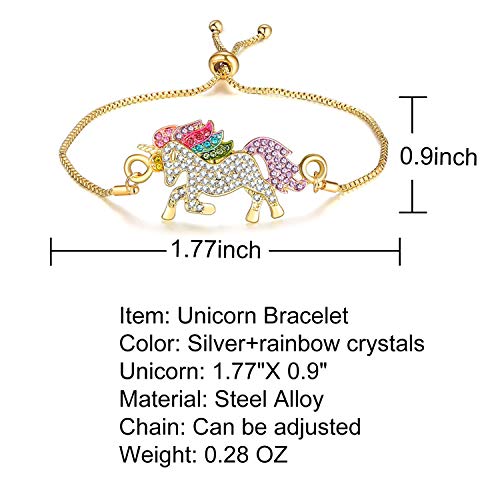 4 Pack Gold Unicorn Jewellery Set, Include Rainbow Rhinestone Crystal Necklace, Bracelet, Earring, Ring and Gift Box for Girls