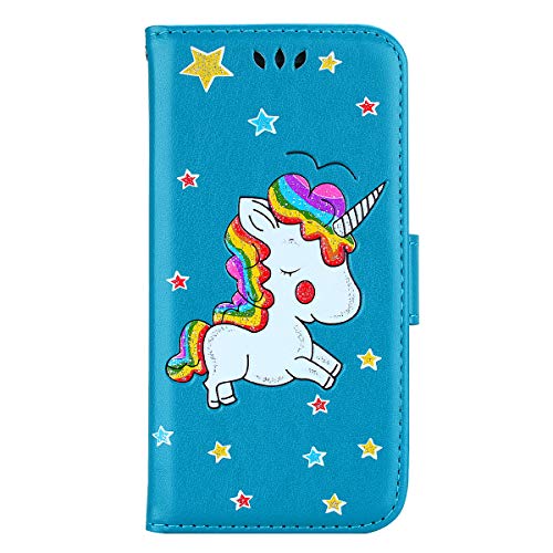 iPhone X Case, iPhone XS Case, Ailisi [Rainbow Unicorn] Premium Leather Flip Wallet Phone Case Anti-Scratch Magnetic Protective Cover with TPU Inner, Card Slots, Folding Stand–iPhone X/XS, Blue