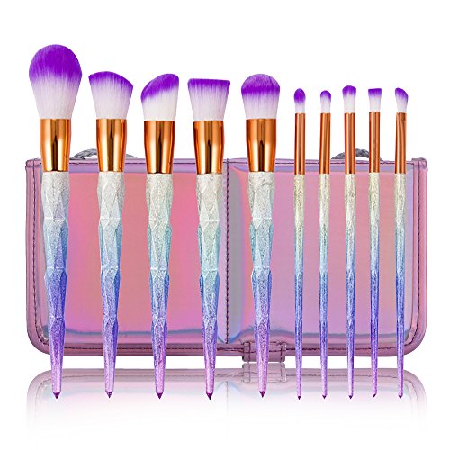 10Pcs Unicorn Rainbow Diamond Handle Makeup Brush Set | With Carry Bag