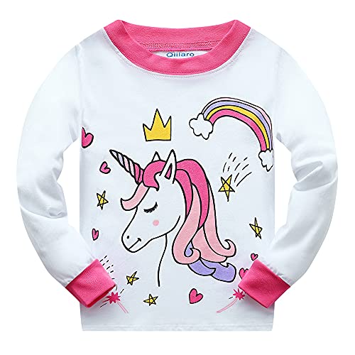 Qiilaro Girl's Pyjamas Unicorn Moon Short Sleeve Top Pants Sleepwear 2 Piece Outfit, Pink-white, 6 Years