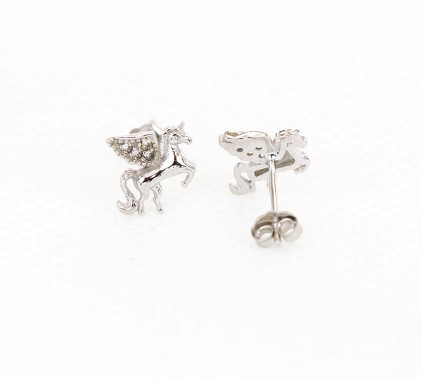 925 Sterling Silver Cubic Zirconia Unicorn Stud Earrings - Girls