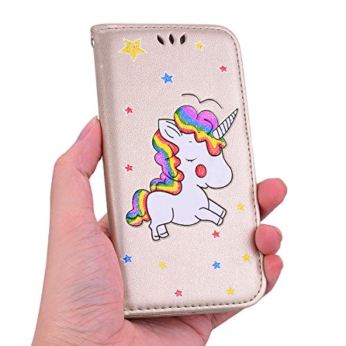 iPhone X Case, iPhone XS Case, Ailisi [Rainbow Unicorn] Premium Leather Flip Wallet Phone Case Anti-Scratch Magnetic Protective Cover with TPU Inner, Card Slots, Folding Stand–iPhone X/XS, Gold