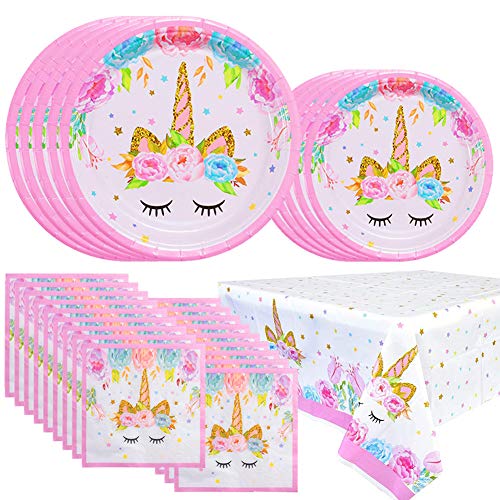 YANGTE Unicorn Tableware Paper Plates Napkins and Tablecloths, Unicorn Themed Birthday Party Supplies for Girls Kids Baby Shower Serve 16 Guests