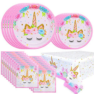 YANGTE Unicorn Tableware Paper Plates Napkins and Tablecloths, Unicorn Themed Birthday Party Supplies for Girls Kids Baby Shower Serve 16 Guests