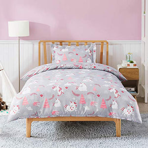 Cute Unicorn Duvet Cover Set Single Size - Unicorn Bedding 135x200cm | Grey & Coral