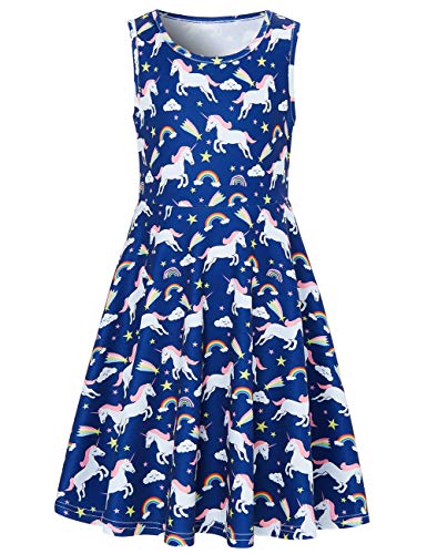 Girls Blue Unicorn Dress | Crew Neck Sleeveless Midi Party | Various Ages