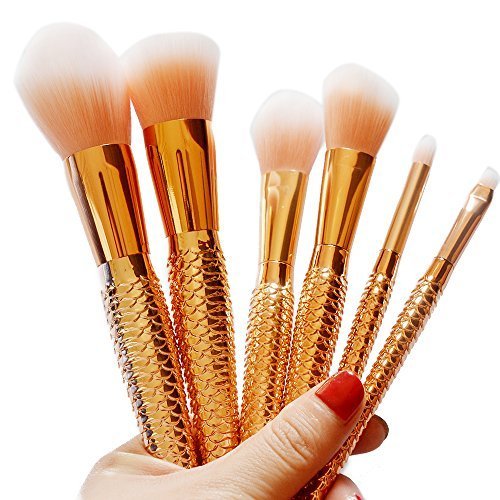 Coshine 10pcs Rose Gold Unique Mermaid Makeup Brush Set, Nylon Hair Plastic Handle Cosmetic Brushes
