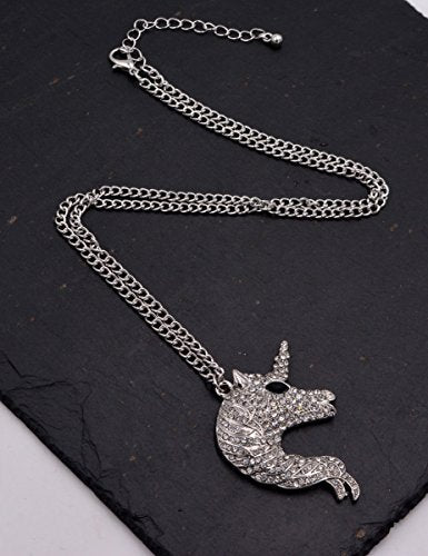 Silver Tone Chunky Unicorn Design Pedant Long Necklace (Organza Gift Pouch Included)