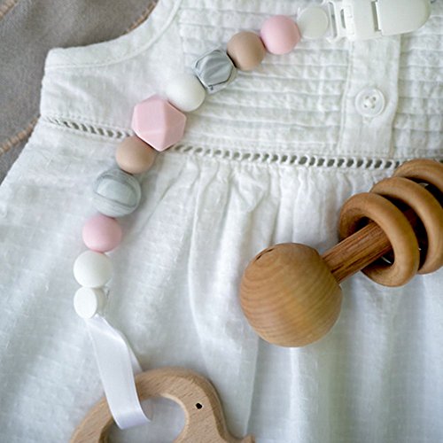 Dummy Chain & Teether  - 2 in 1 - Pink, White, Grey - Ideal Baby Gift  