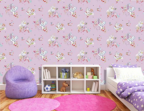 Unicorn, princesses, castles, clouds wallpaper, lilac, girls bedroom.