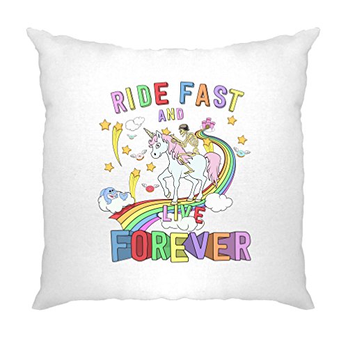 Skeleton Riding A Unicorn Down A Rainbow Biker T-Shirt Hardcore Alternative Rock Metal Girly Punk Cute Original Unique Design Novelty Cushion Cover Sofa Home Cool Birthday Gift Present