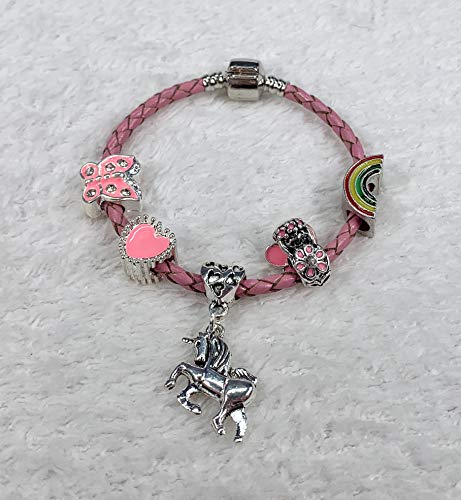 Pink Leather Girls Unicorn Charm Bracelet