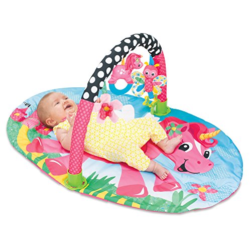 unicorn themed play mat with toys, bright and colourful