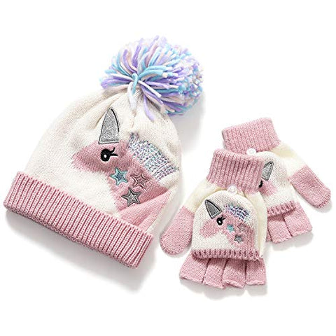 Unicorn Bobble Hat And Glove Set | Girls | White & Pink
