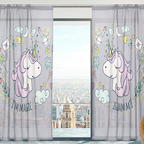 Cartoon Unicorn Grey and Pastel Soft Sheer Curtains 140cm x 198cm 2 Panels