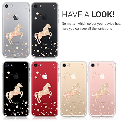 kwmobile TPU Case Compatible with Apple iPhone 7/8 - Soft Crystal Clear IMD Design Back Phone Cover - Unicorn Rose Gold/Transparent