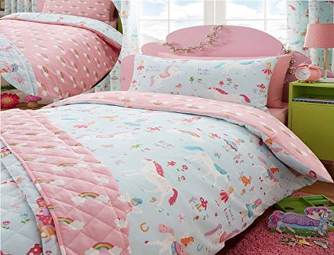 Magical Unicorns Children's Double Duvet Cover Bed Set, Blue & Pink