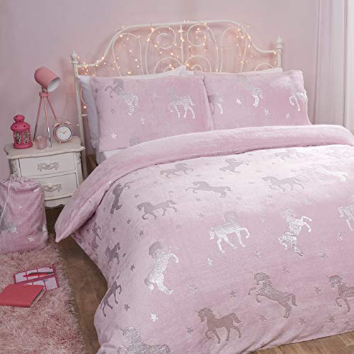 Unicorn & Stars Reversible Soft Duvet Cover | Double 200 x 200 cm | Pink & Silver