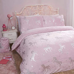 Unicorn & Stars Reversible Soft Duvet Cover | Double 200 x 200 cm | Pink & Silver