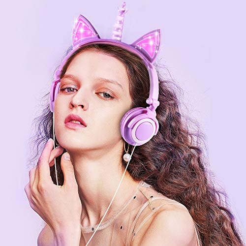 Unicorn Kids Headphones Lavender Purple LED Glowing Ears – All