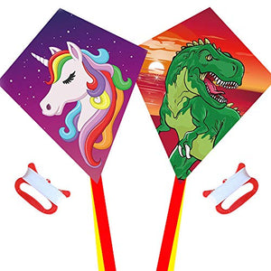 2 Pack, Dinosaur + Unicorn Kite | For Children | For 3 Years Upwards | 60x70cm 