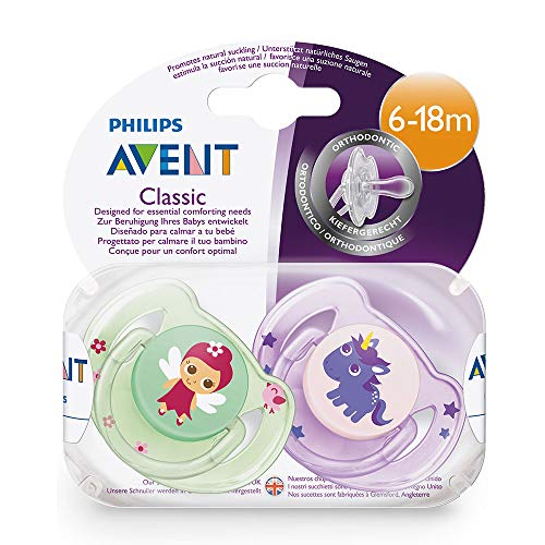 Philips Avent Classic, Fairy and a Unicorn Design, 6-18 Months,  Pack of 2 Dummies