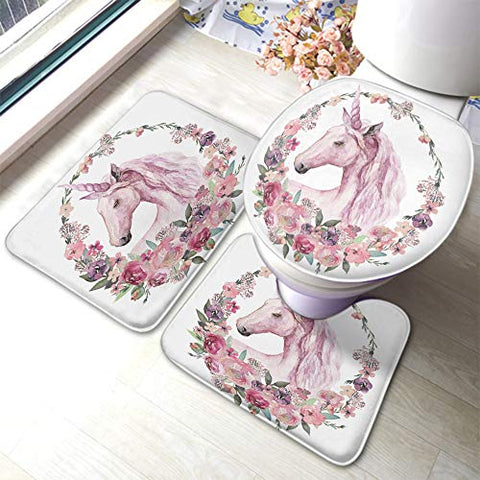 Floral Unicorn Bathmat | 3 Piece Bathroom | Non Slip Toilet Mat | Lid Cover